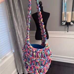 Rainbow Woven from T- ShirtsCrocheted Bucket Bag Braided Strap Removable Insert